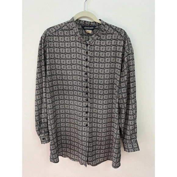 Vtg Herman Geist Large Navy Blue Top Damask Tunic Long Sleeve Button Lagenlook - Picture 7 of 10